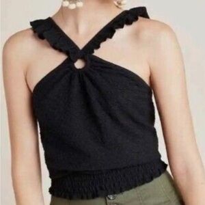 NEW Anthropologie Marisol Crop Halter L Black Tank Top Textured BOHO